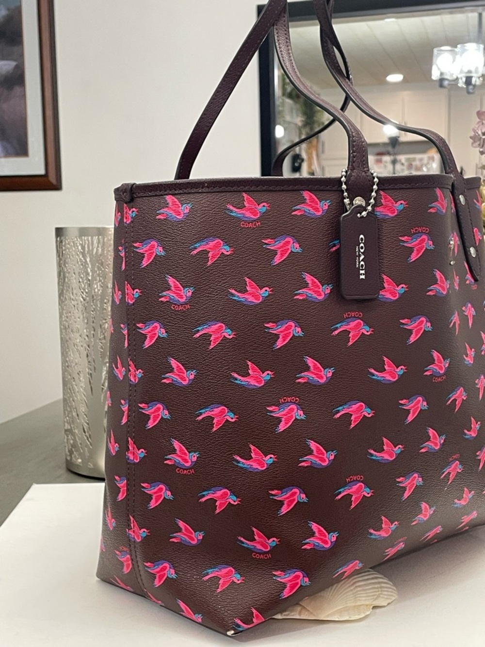 Coach reversible Maroon Tote with Pink Bird Motif - Picture 3 of 15